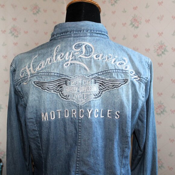 Genuine Harley-Davidson Embroidered Denim Snap-Front Western Shirt, Small - Picture 1 of 12
